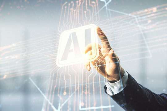 Double exposure of man hand presses on creative artificial Intelligence icon on blurred office background. Neural networks and machine learning concept