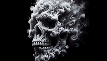 Artistic skull wrapped in swirls of white and grey smoke, evoking a sense of mystery, mortality and transcendence, against a black background.