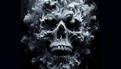 Artistic skull wrapped in swirls of white and grey smoke, creating a fascinating and mysterious image on a black background. - obrazy, fototapety, plakaty