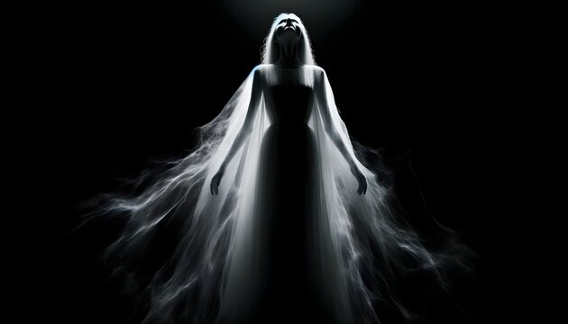 Ethereal figure of a woman wrapped in a translucent veil, floating, emanating a brilliant light against a black background, evoking mystery and spirituality.