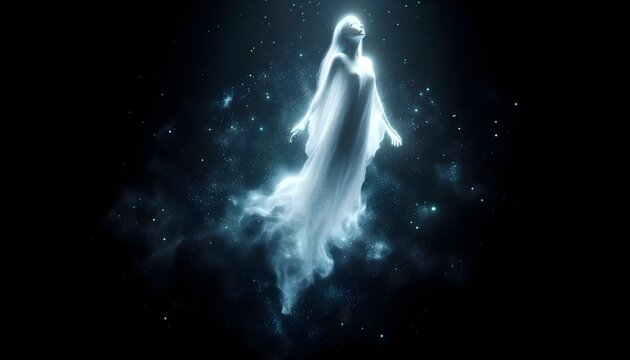 Ethereal silhouette of a luminous female figure floating in cosmic space, surrounded by twinkling stars and nebulae, evoking a sense of mysticism and transcendence.