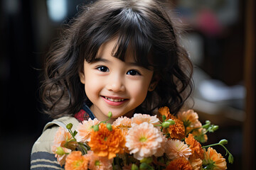 Little  asian girl with flowers bouquet in her hands