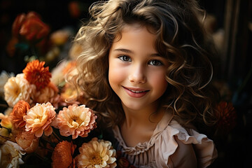 Little girl with a bouquet of flowers in her hands