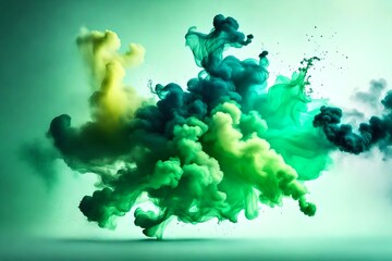 Colorful green rainbow smoke paint explosion, color fume powder splash, motion of liquid ink dye in water, isolated on white background