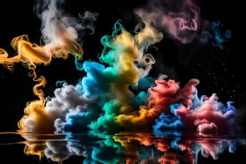 Colorful white rainbow smoke paint explosion, color fume powder splash, motion of liquid ink dye in water, isolated on black background 