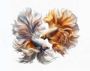 Silver and gold Betta swims beautifully against a white background, White and Yellow betta, AI Generative.