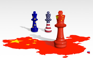 Chess made from China, USA and EU flags. Europe Union, USA and China relations