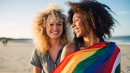 two girls on the beach smiling with the lgtbi flag