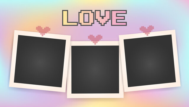 Valentine 's day card design. Blank set photo picture frames mockups, realistic postcard. Photo album template. Empty image for memory. gradient shape, y2k background. Pink yellow purple vibrant color