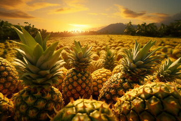 pineapple on the beach at sunset - obrazy, fototapety, plakaty
