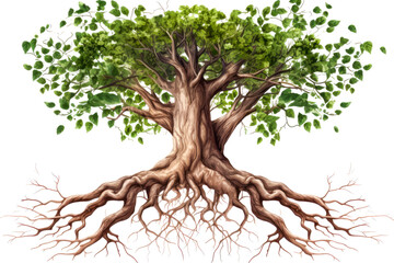 Big tree with roots and leaves isolated on white background. - obrazy, fototapety, plakaty
