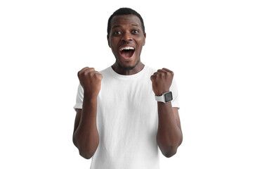 Shouting african american man celebrating win of his team, clenching fists in joyful euphoria as if...