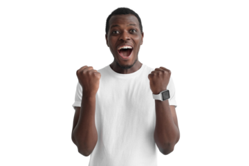 Shouting african american man celebrating win of his team, clenching fists in joyful euphoria as if feeling happy about victory