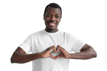Portrait of young smiling african american man showing heart gesture