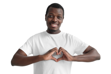 Portrait of young smiling african american man showing heart gesture