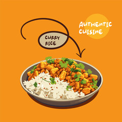Indian cuisine vector illustration. Traditional Indian curry with rice and chickpeas. - obrazy, fototapety, plakaty