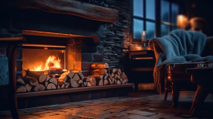 fireplace with burning logs during the christmas
