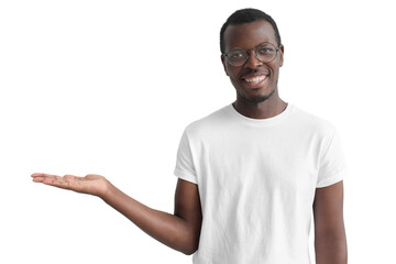 Handsome african man showing something on left with palm