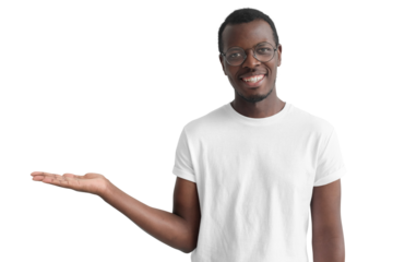 Handsome african man showing something on left with palm