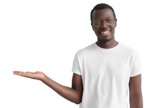 Handsome african man showing something on left with palm
