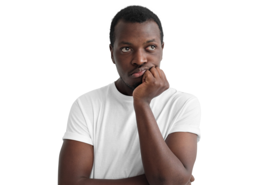 African american man pressing fist to chin, feeling boring, tired or exhausted