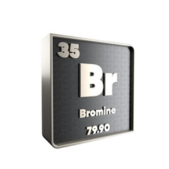 Bromine chemical element black and metal icon with atomic mass and atomic number. 3d render illustration.