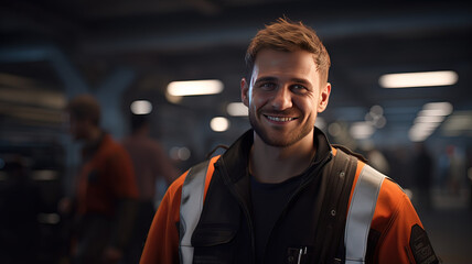 Electrician smiling in a warehouse with people behind