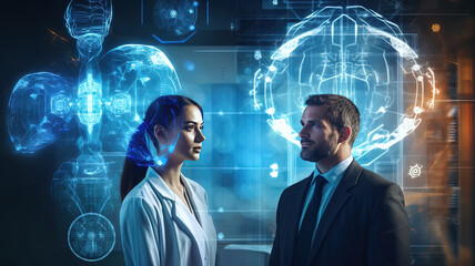 Man and woman on a modern technology and science background