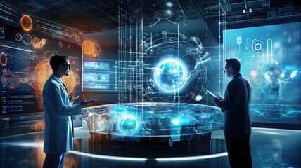 Two men on a modern science and technology background