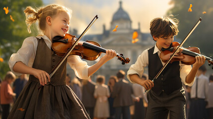Girl and boy playing the violin in a park with a lot of people in the background
 - obrazy, fototapety, plakaty
