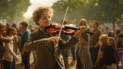 Smiling boy playing the violin in a park with many people in the background
