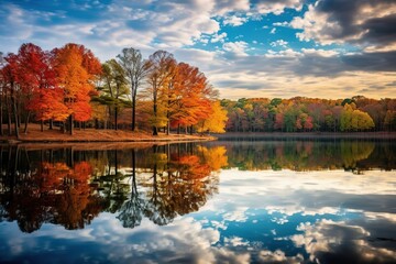 Naklejka na ściany i meble autumn trees reflected in lake