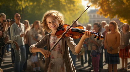 Girl playing violin in the park while people watch her