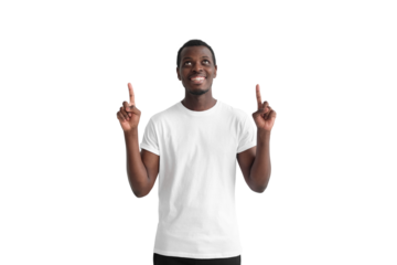 Happy young african man in white t-shirt pointing up with his fingers