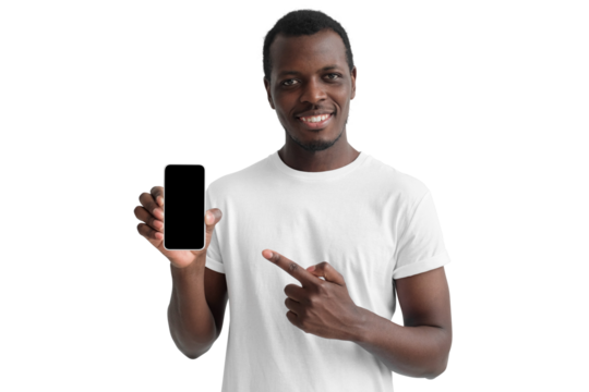 Handsome african american man in white t-shirt showing phone and pointing with finger at blank black screen with copy space - Powered by Adobe
