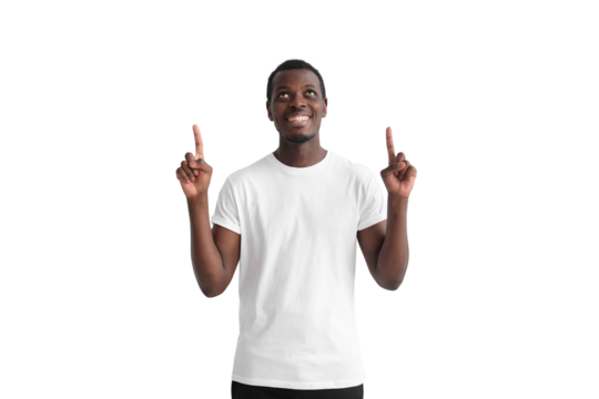 Happy young african man in white t-shirt pointing up with his fingers