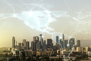 Double exposure of abstract digital world map hologram with connections on Los Angeles office buildings background, big data and blockchain concept