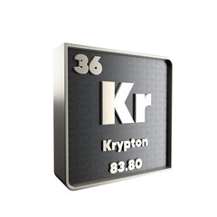 krypton chemical element black and metal icon with atomic mass and atomic number. 3d render illustration.