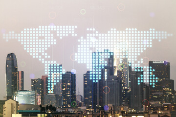Multi exposure of abstract graphic world map hologram on Los Angeles office buildings background, connection and communication concept