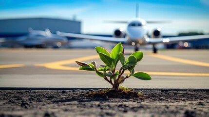 Green plant growing on the airport with a business private jet behind, emphasizing the environmental impact of aviation. Sustainable Aviation Fuel (SAF) and decarbonization concept. - obrazy, fototapety, plakaty