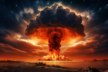 Terrible atomic explosion of a nuclear bomb with a mushroom cloud of radioactive dust. Hydrogen bomb test. Generative AI