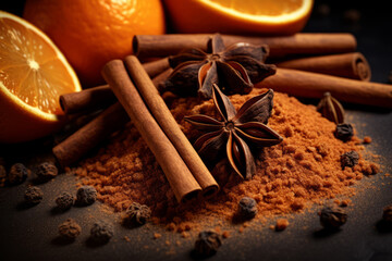 Cinnamon sticks, cloves, anise stars and citrus on dark background. Generative AI