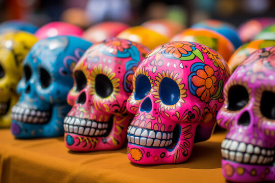 Colorful traditional mexican ceramic skulls. Generative AI