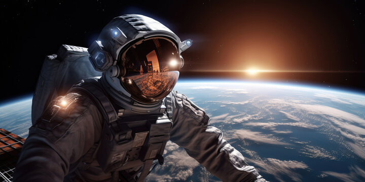Astronaut performing a Spacewalk or Extravehicular Activity (EVA) outside the spaceship to conduct checks and repairs.