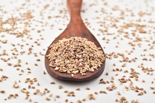 Closeup of carom seeds in spoon