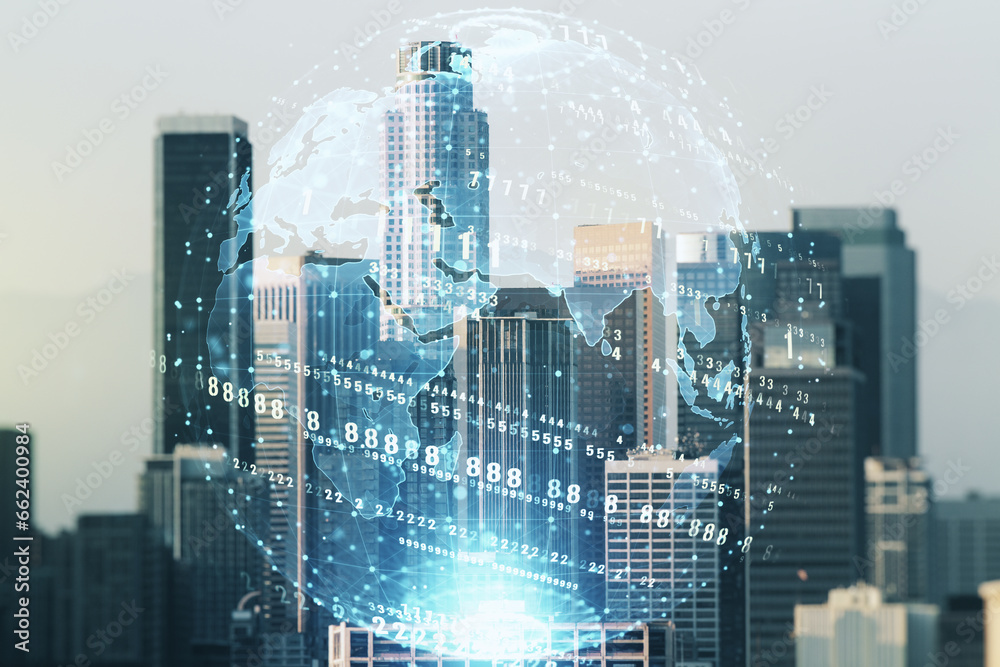 Poster multi exposure of abstract graphic coding sketch and world map on los angeles cityscape background, 