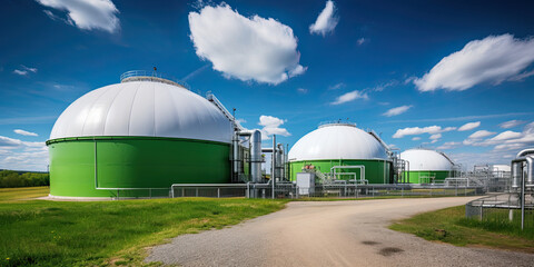 Green biogas anaerobic digestion and storage tanks. Renewable energy sources and carbon neutral power generatio concept. - obrazy, fototapety, plakaty