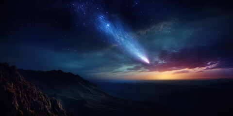 Night mountain view with the galaxy and the starts on the sky and a comet passing