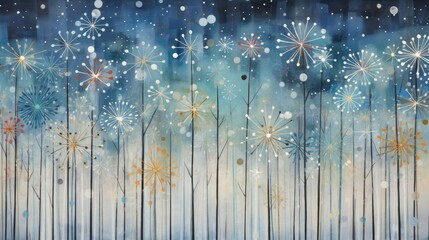 Christmas winter snowflake firework flowers, ice cold blue petals blooming, celebration holiday Xmas night stars.