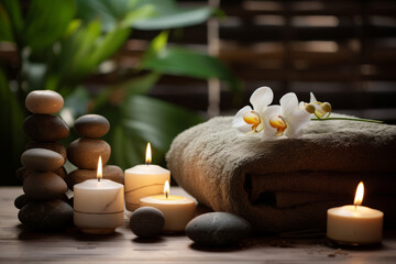 Fototapeta na wymiar Massage stones with towels and candles in natural background. SPA concept. Generative AI